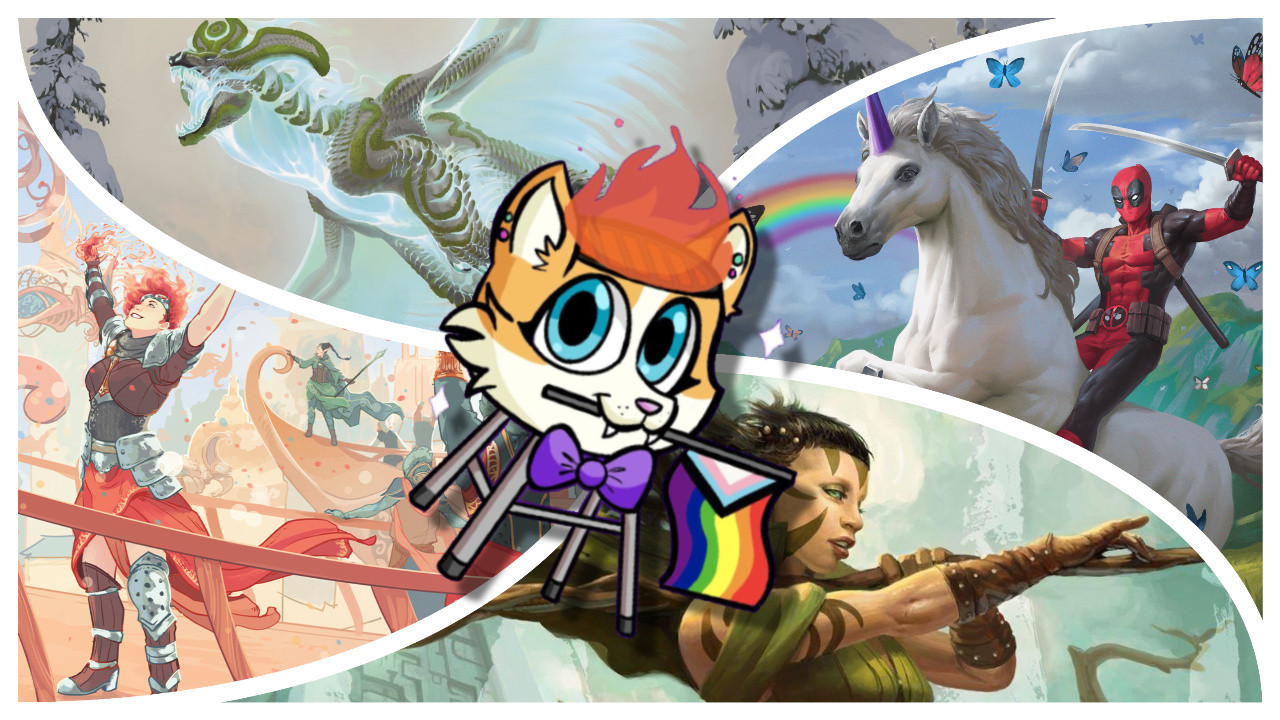 Several canonically queer characters featured on MTG cards surround a picture of a smiling anthropomorphic grill holding a pride flag.