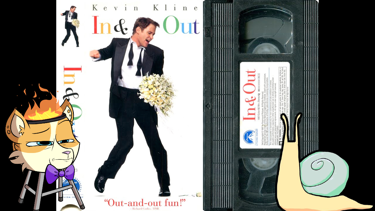A picture showing an anthropomorphic grill and a snail looking at a VHS copy of In & Out suspiciously.