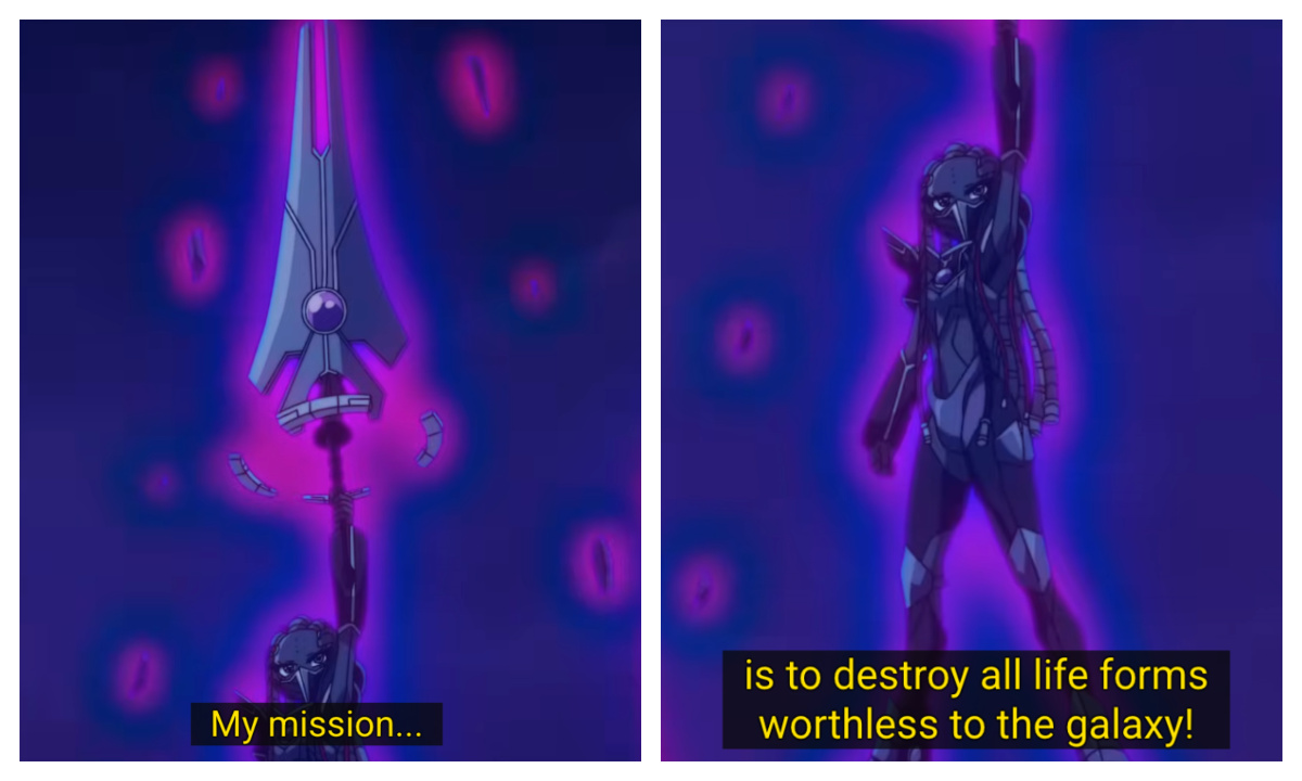 Several screenshots from the Galverse OVA showing the main antagonist saying she wants to destroy all forms of life worthless to the galaxy.