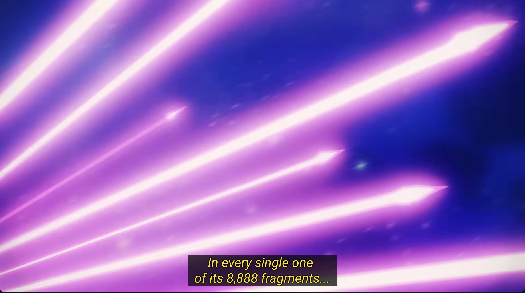 A screenshot showing purple glowing things flying out into the universe. The caption reads, In every single one of its 8,888 fragments...