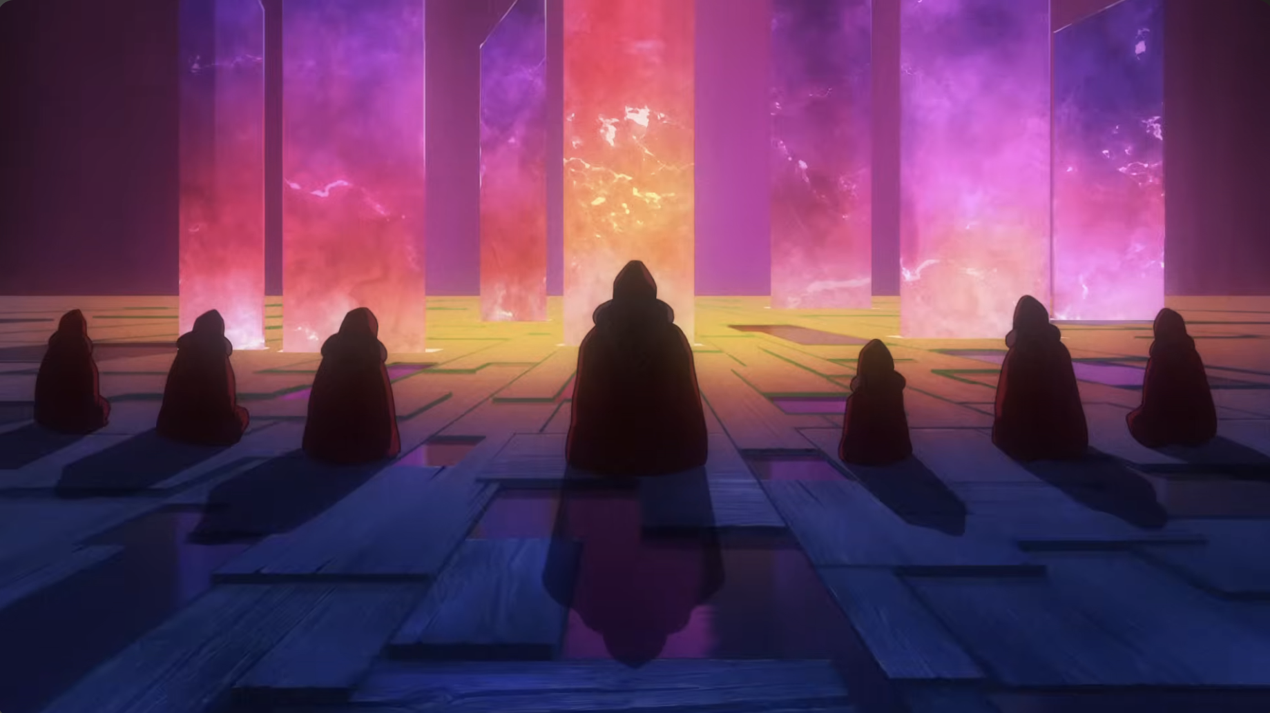 A screenshot from Galverse showing the shadowy group of cloaked evil people.