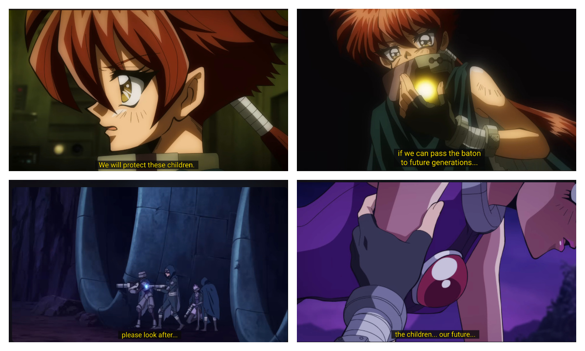 Several screenshots from the Galverse OVA discussing how children and their futures must be protected.